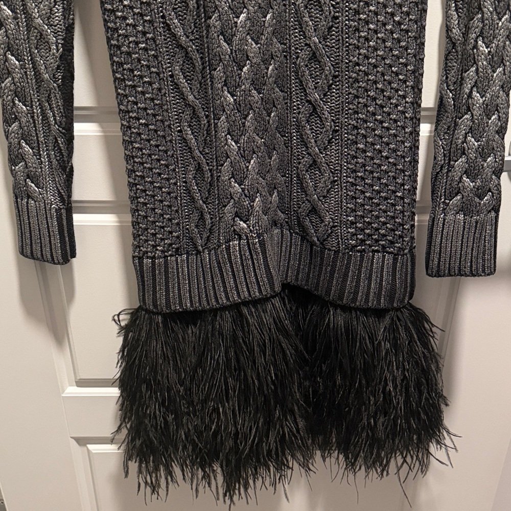 Gray Cable Knit Sweater dress with Black Feather Hem by Michael Kors